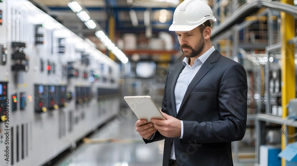 Fototapeta Focused engineer wearing a hard hat using a tablet to monitor machinery in a modern industrial factory.
