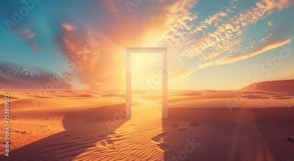 Fototapeta  Opened door on desert. Unknown and start up concept. This is a 3d illustration 