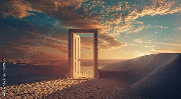 Fototapeta  Opened door on desert. Unknown and start up concept. This is a 3d illustration 