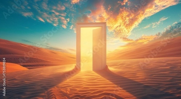 Fototapeta  Opened door on desert. Unknown and start up concept. This is a 3d illustration 