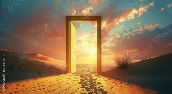 Fototapeta  Opened door on desert. Unknown and start up concept. This is a 3d illustration 