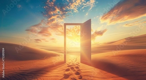 Fototapeta  Opened door on desert. Unknown and start up concept. This is a 3d illustration 