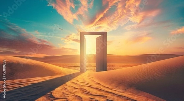 Fototapeta  Opened door on desert. Unknown and start up concept. This is a 3d illustration 