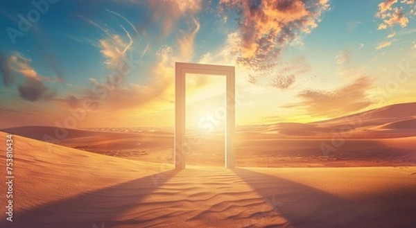 Fototapeta  Opened door on desert. Unknown and start up concept. This is a 3d illustration 