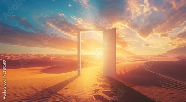 Fototapeta  Opened door on desert. Unknown and start up concept. This is a 3d illustration 