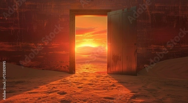 Fototapeta  Opened door on desert. Unknown and start up concept. This is a 3d illustration 