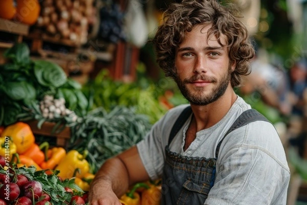 Fototapeta Handsome man standing in front of a market stall filled with colorful fresh vegetables