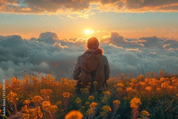Fototapeta Silhouetted against the vibrant orange sky, a lone hiker watches the sun setting above a sea of clouds among blooming flowers