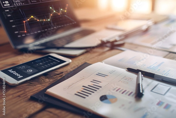 Fototapeta Business intelligence and data analysis concept. Team of analysts working on financial data analysis dashboard on paper as marketing indication for business strategic planning.