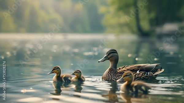 Fototapeta A family of ducks swimming in a serene lake