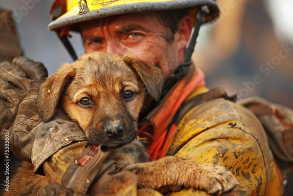 Obraz A fireman saved a puppy from a fire, a dog was saved from death in a fire.
