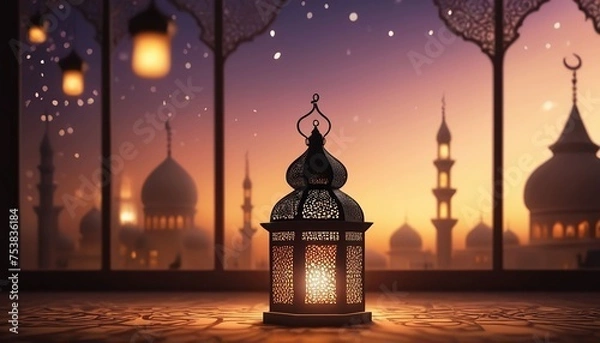 Fototapeta Ramadan Kareem greeting card. Ramadan Kareem background with mosque and lantern.