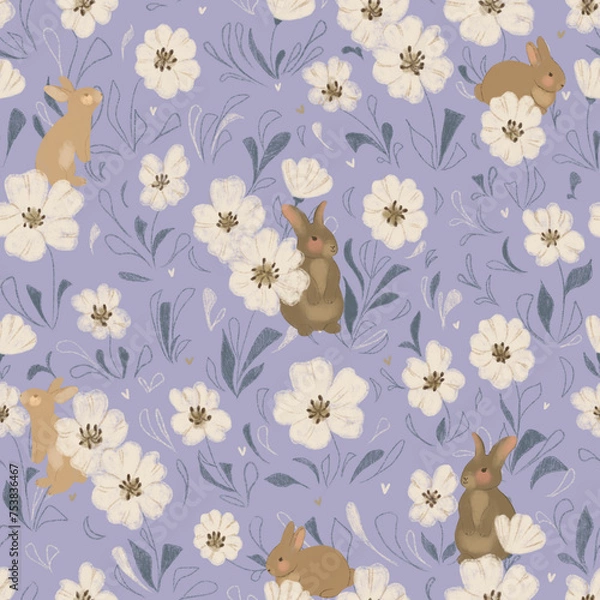 Obraz Cute white rabbit seamless pattern. Background for kids.
