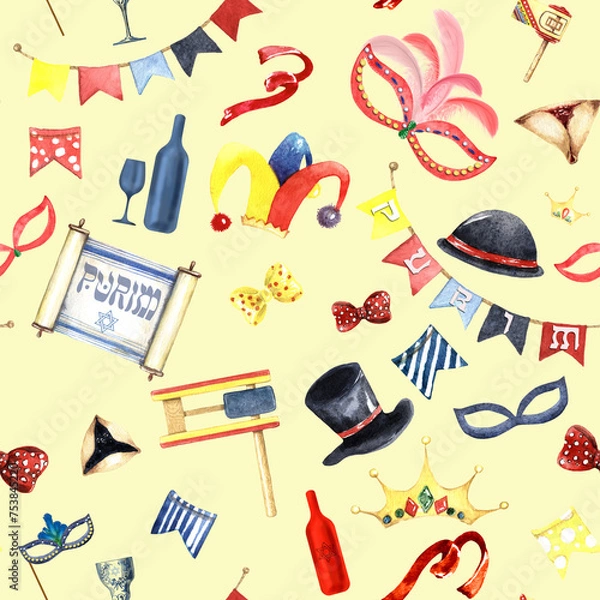 Obraz Happy Purim seamless pattern hand drawn background.