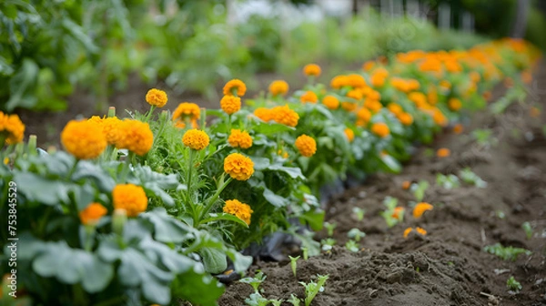 Fototapeta Vibrant marigolds bordering the edges of a flourishing vegetable garden