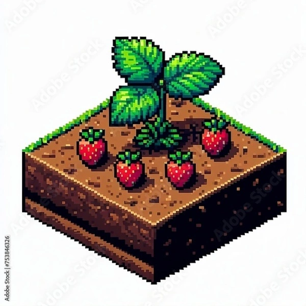 Obraz Isometric strawberry crop pixel art game