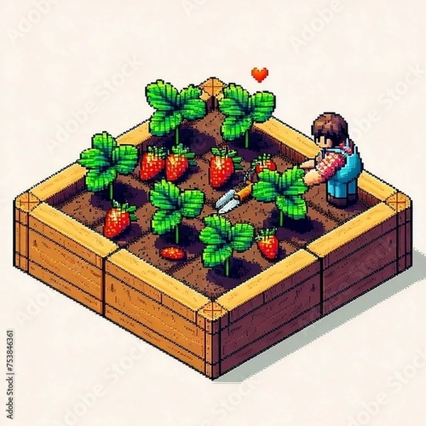 Obraz Isometric strawberry crops pixel art game