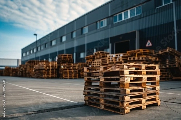Obraz Modern industrial warehouse yard with stacks of wooden pallets