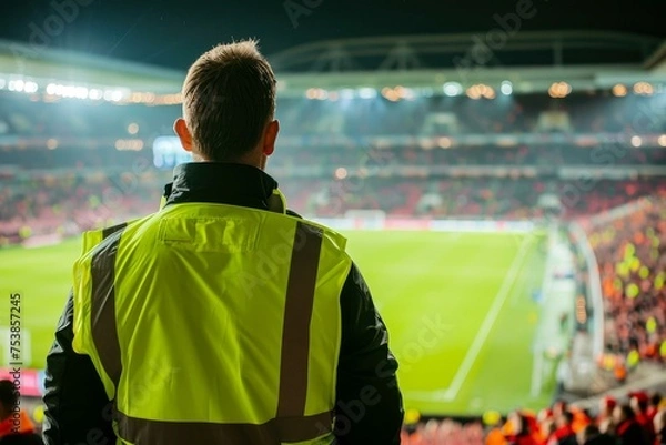 Obraz Security staff overseeing crowded football stadium at night