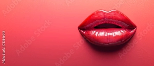 Fototapeta Sexy Red Lips close up. Beautiful red Lip Gloss. Cosmetic. mouth open, big lips. Cosmetic beauty procedures, image Picture to design with lots of space on red background