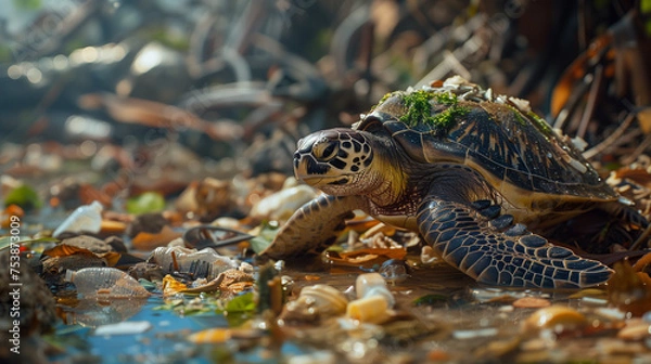 Fototapeta Environmental impact on wildlife of trash and waste ending up in waterways. Turtle crawling on a dirty shore of an ocean.