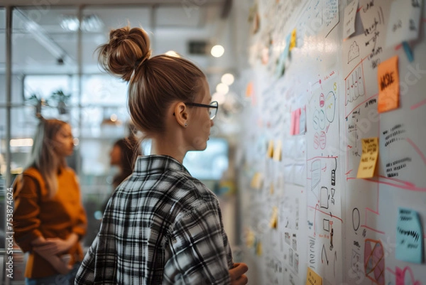 Fototapeta  a collaborative brainstorming session where the walls are adorned with visually appealing mind maps, sketches, and creative ideas
