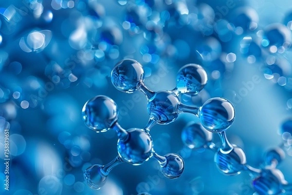 Fototapeta Scientific concept background showcasing blue molecular structures and atoms in a liquid serum environment Symbolizing medical research and biotechnology advancements