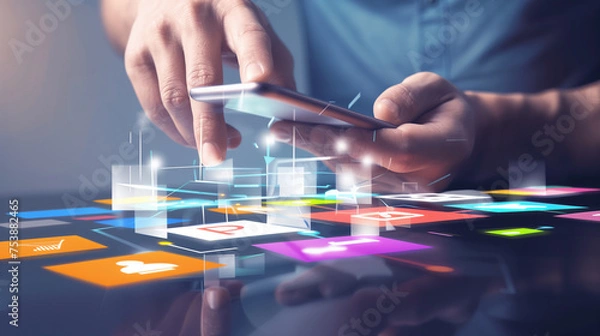 Fototapeta 
Man using smartphone with colorful mobile apps on virtual screen, digital software technology development concept