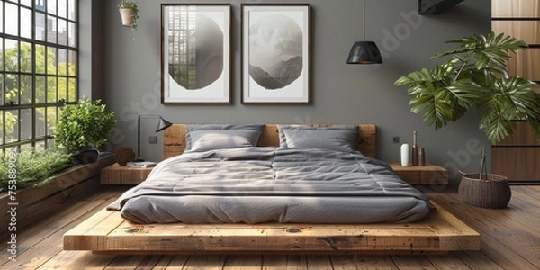 Obraz Mock up bright bedroom with a comfortable large bed and a bright stylish background, 3d rendering