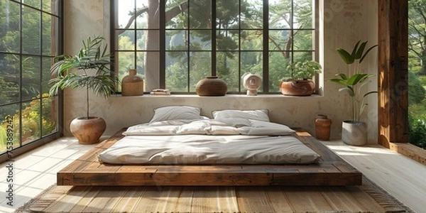 Obraz Mock up bright bedroom with a comfortable large bed and a bright stylish background, 3d rendering