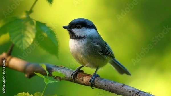 Obraz  a small blue and white bird perched on a branch of a tree in front of a blurry green background.