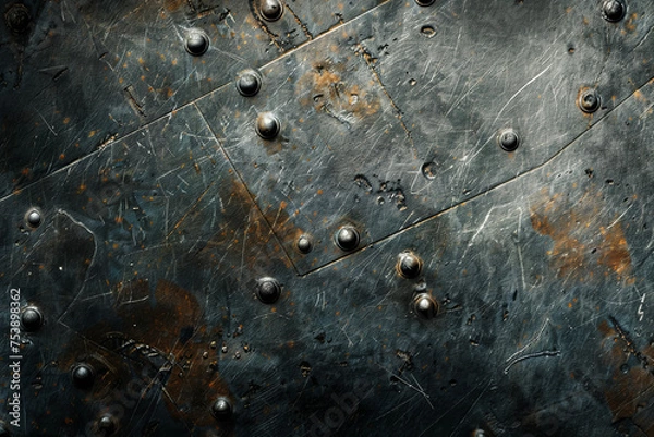 Fototapeta A texture of a metal sheet with scratches, rust, and bolts