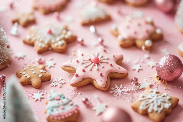Fototapeta Christmas star shaped cookies with icing frosting handmade painted artisan design in minimalist festive background professional closeups with blurred background and fairy lights 