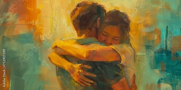 Obraz A painting of a man and woman embracing each other