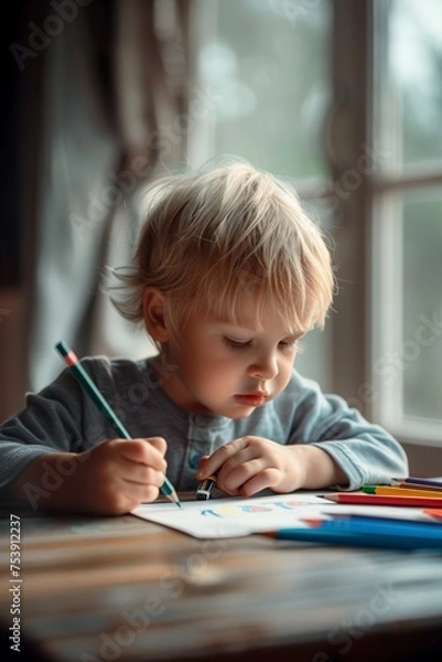 Fototapeta Young Boy Drawing at Table
