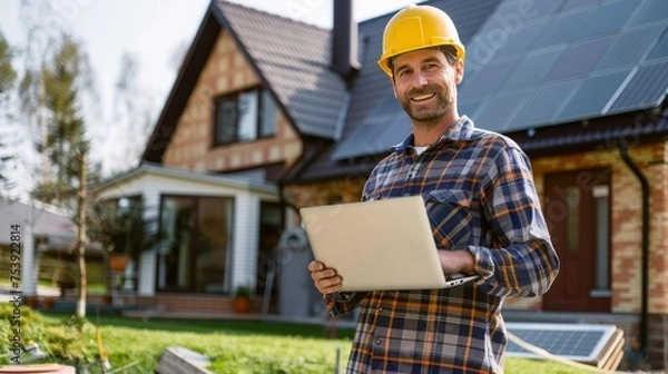Obraz Solar energy consultant with laptop at residential installation. Engineer in safety helmet smiling at sustainable housing project. Professional assessing solar panels on suburban home.