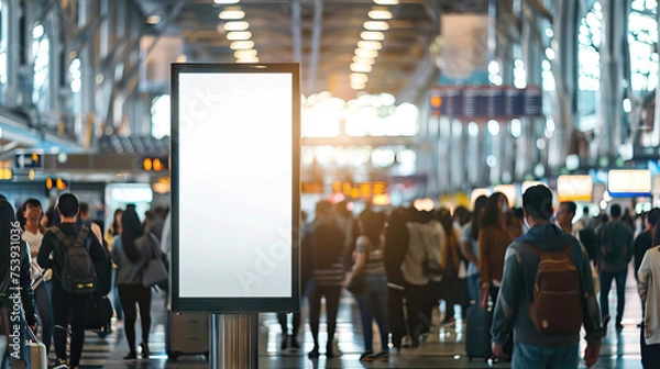 Obraz One big vertical / portrait orientation blank billboard on modern white wall with blurred passenger background - AI Generated