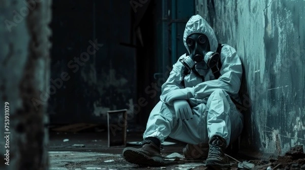 Fototapeta person with an anti-radiation suit in an abandoned place alone with little light in high resolution and high quality. world war concept