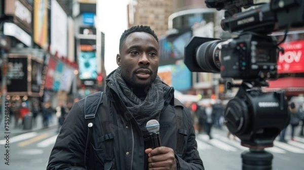 Fototapeta Reporter with camera conducting a street interview in the city