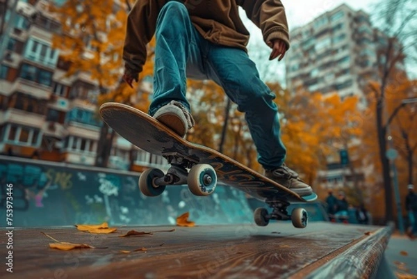 Fototapeta A skateboarder about to do a trick in a skate park surrounded by autumnal trees and urban graffiti