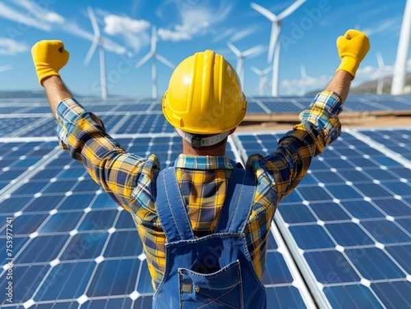 Fototapeta Installing a Solar Cell in a solar farm. Green energy