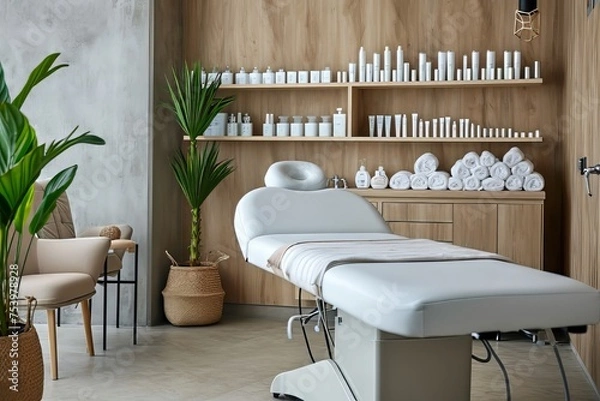 Fototapeta Interior of new beauty salon with spa massage table and set of skincare products ready for use