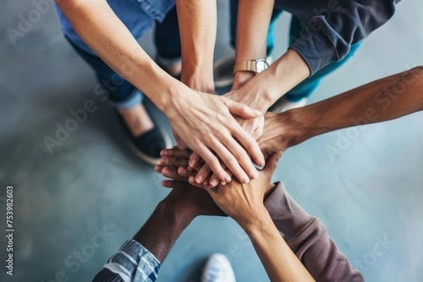 Fototapeta Team Of Diverse Workers Put Hands Together 