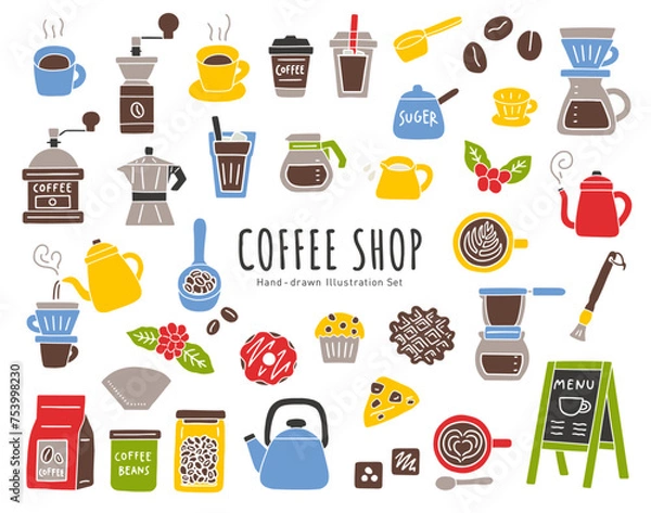 Obraz カフェ・コーヒーショップの道具や小物の手書きベクターイラストセット／コーヒーカップ・豆など