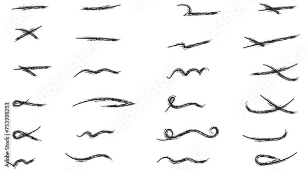 Fototapeta Grunge scrawls, charcoal scribbles, rough brush strokes, underlines strikethroughs. Bold charcoal freehand stripes and ink shapes. Crayon or marker scribbles. brush stroke. Vector illustration