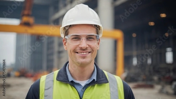 Fototapeta A man wearing a yellow vest and a hard hat is smiling