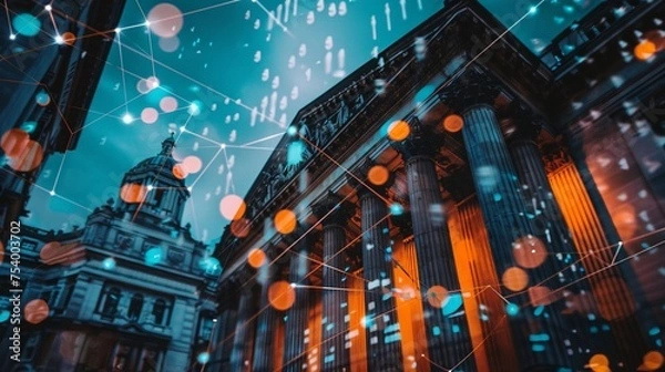 Obraz Smart contracts and AI financial advisors set against the backdrop of historic banking institutions