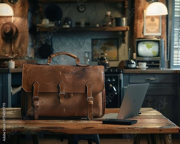 Fototapeta Briefcases and passports against laptops on kitchen tables
