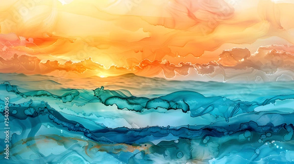 Fototapeta Enchanting Seaside Horizon. Capture the ethereal beauty of alcohol ink patterns blending seamlessly to depict a breathtaking seaside horizon during the golden hour.