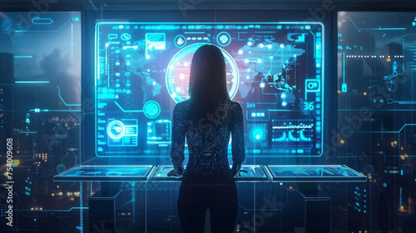 Fototapeta Silhouette of a woman using an advanced interactive display with global data analytics. Concept for big data, cybersecurity, or tech-driven business. Design for digital transformation presentation